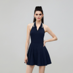 Women High Stretch Quick Dry Tennis Dress Halter Polo Waist Flare Sport Dress