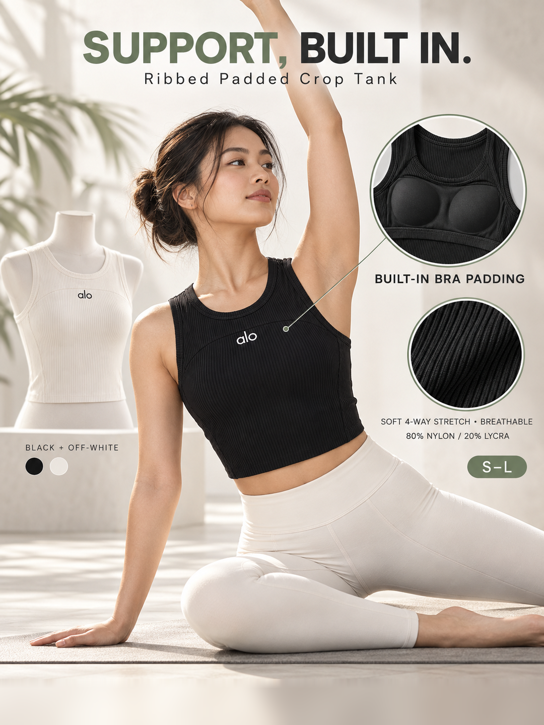 ALO-ribbed-padded-tank-mobile-1080x1440-3x4-v3 ALO Built-In Padding Sports Bra | Ribbed High Stretch Crop Top for Yoga, Gym & Daily Wear - Image 1